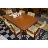 Teak Extending Dining Table with Six Mustard Leather Buttoned Seats