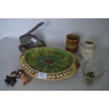 Majolica Wheat Dish, Bath Salts Pot, Stamp Embosser, Pin Badges and a Jelly Mould