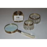Two Silver Rimmed Salts, Silver Rimmed Match Striker and a Magnifying Glass