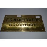 Brass Wall Plaque F.C. Manley & Sons Solicitors