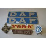 vintage Truck Signs; DAF, York, Atkinson and Two RAC Badges