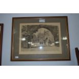 Framed Engraving "Repton Priory Gatehouse" Signed by Artist F.P Barnaud and Engraver R. Wallis