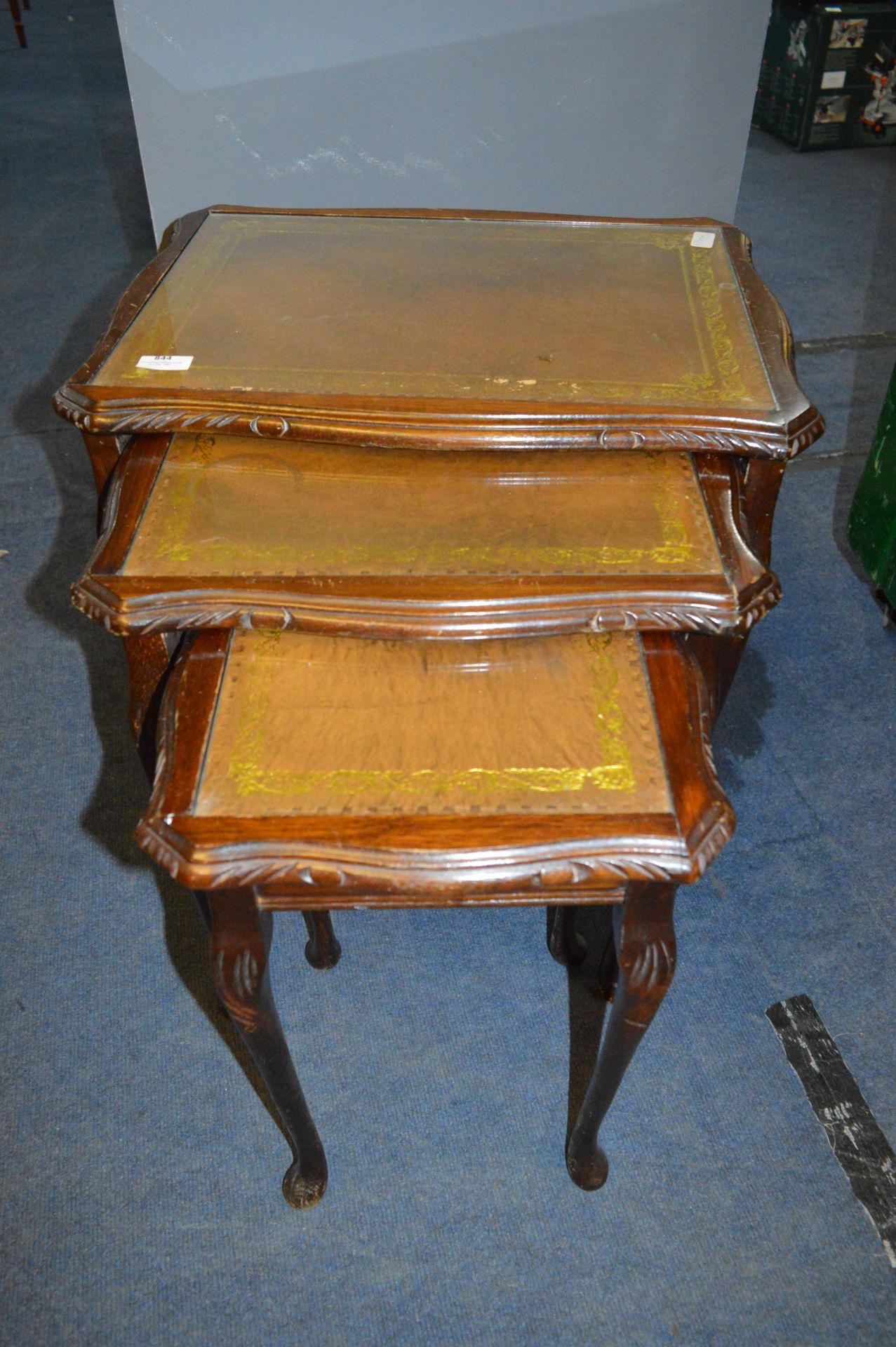 Oak Nest of Three Tables with Leather and Glass Inlet Tops