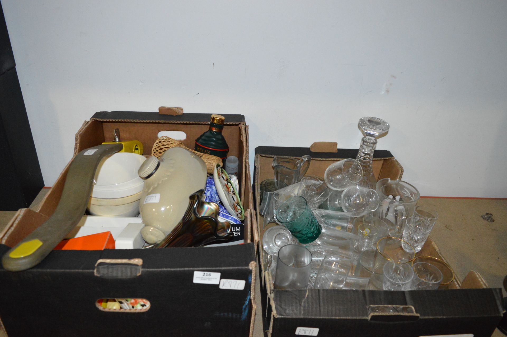 Two Boxes of Drinking Glassware, Ringtons Ware, Vases, Wade Bell, Stoneware Bed Bottle, etc.