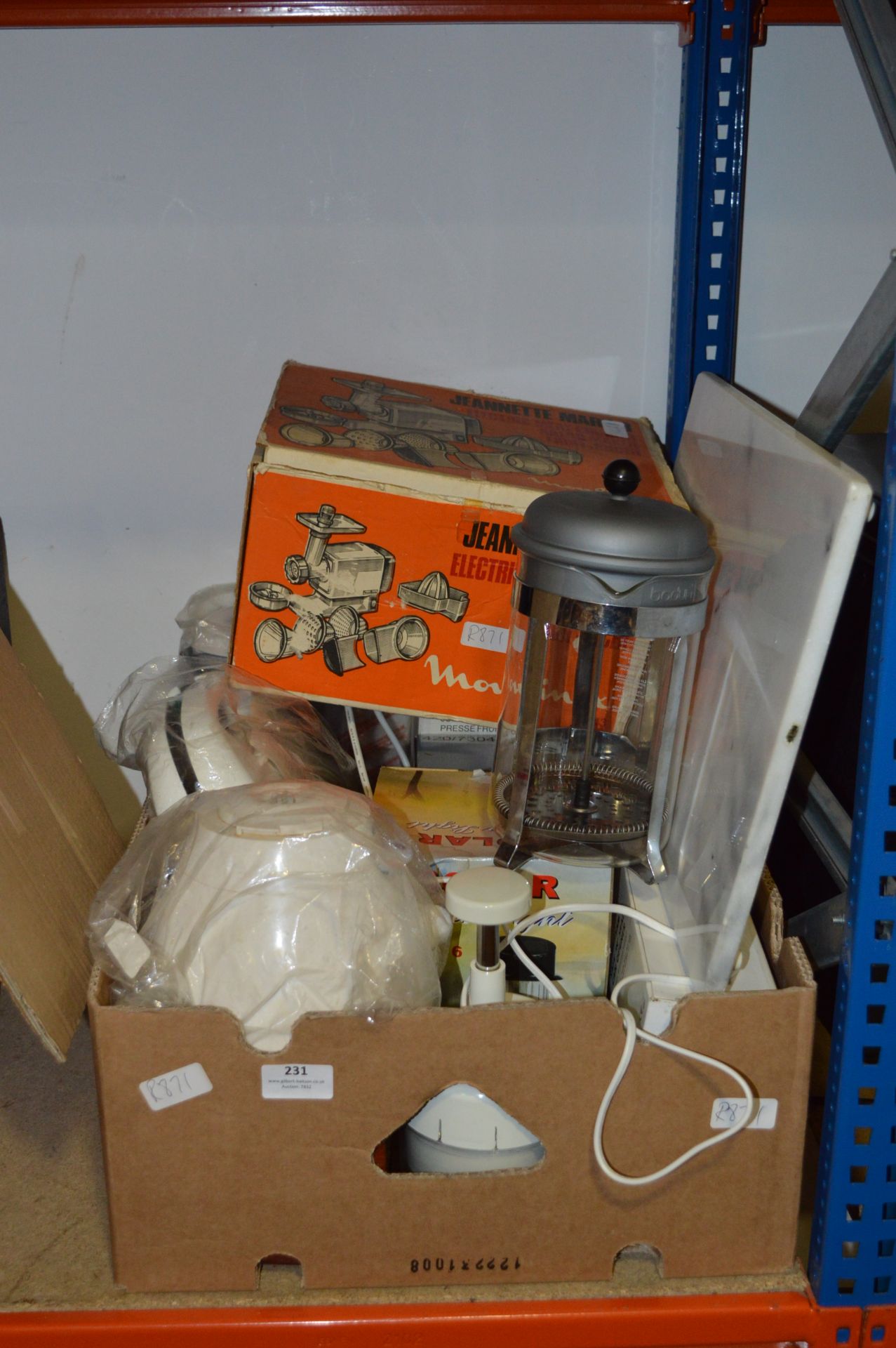 Box Containing Kitchenware; MIncer Coffee Pot, Meat Grinder, Hand Mixer, Sandwich Maker, Chopping