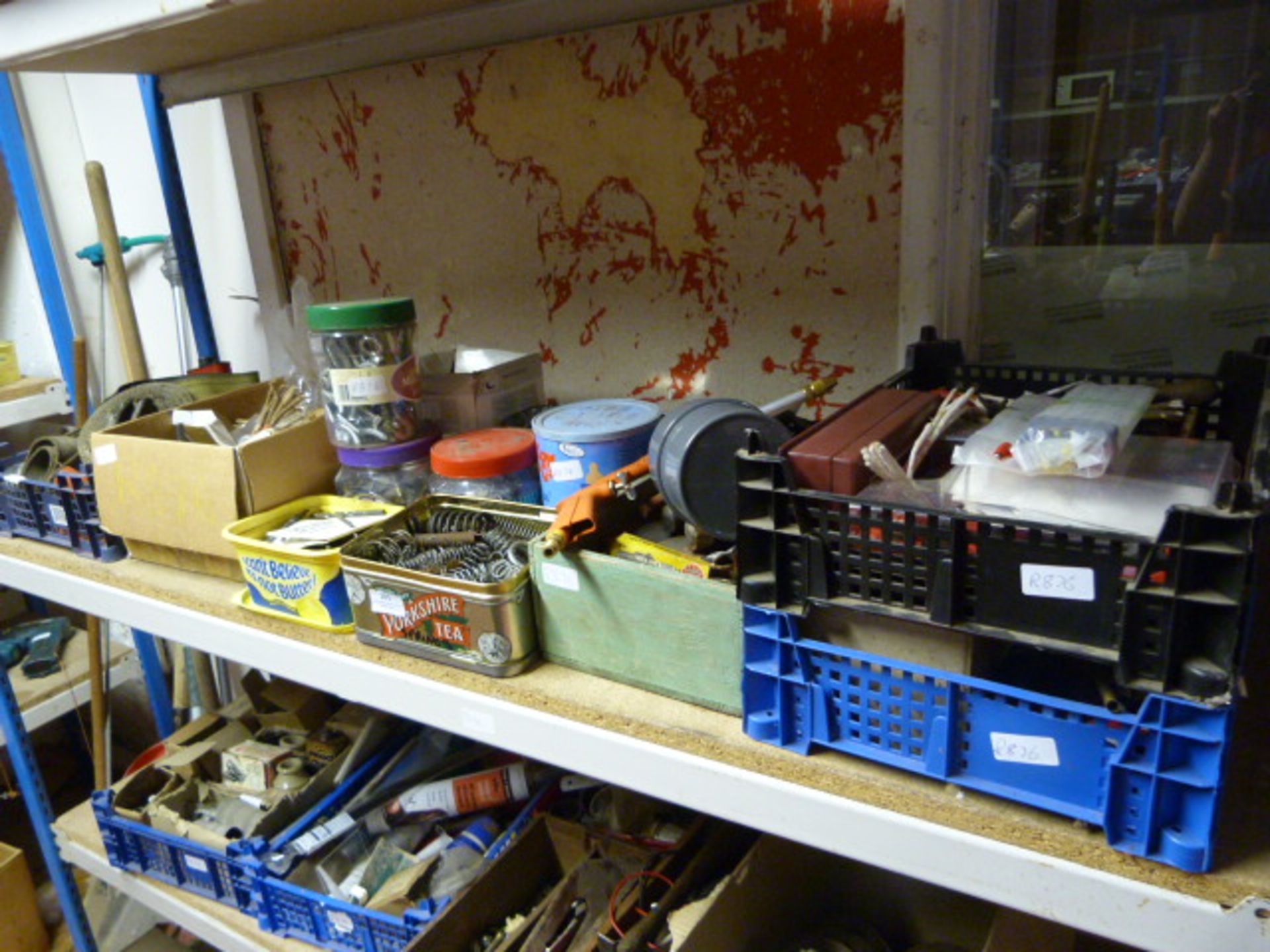 Contents of Shelf; Twelve Boxes of Various Springs, Drill Bits, Pipe Cleaners, Rachet Straps, etc.