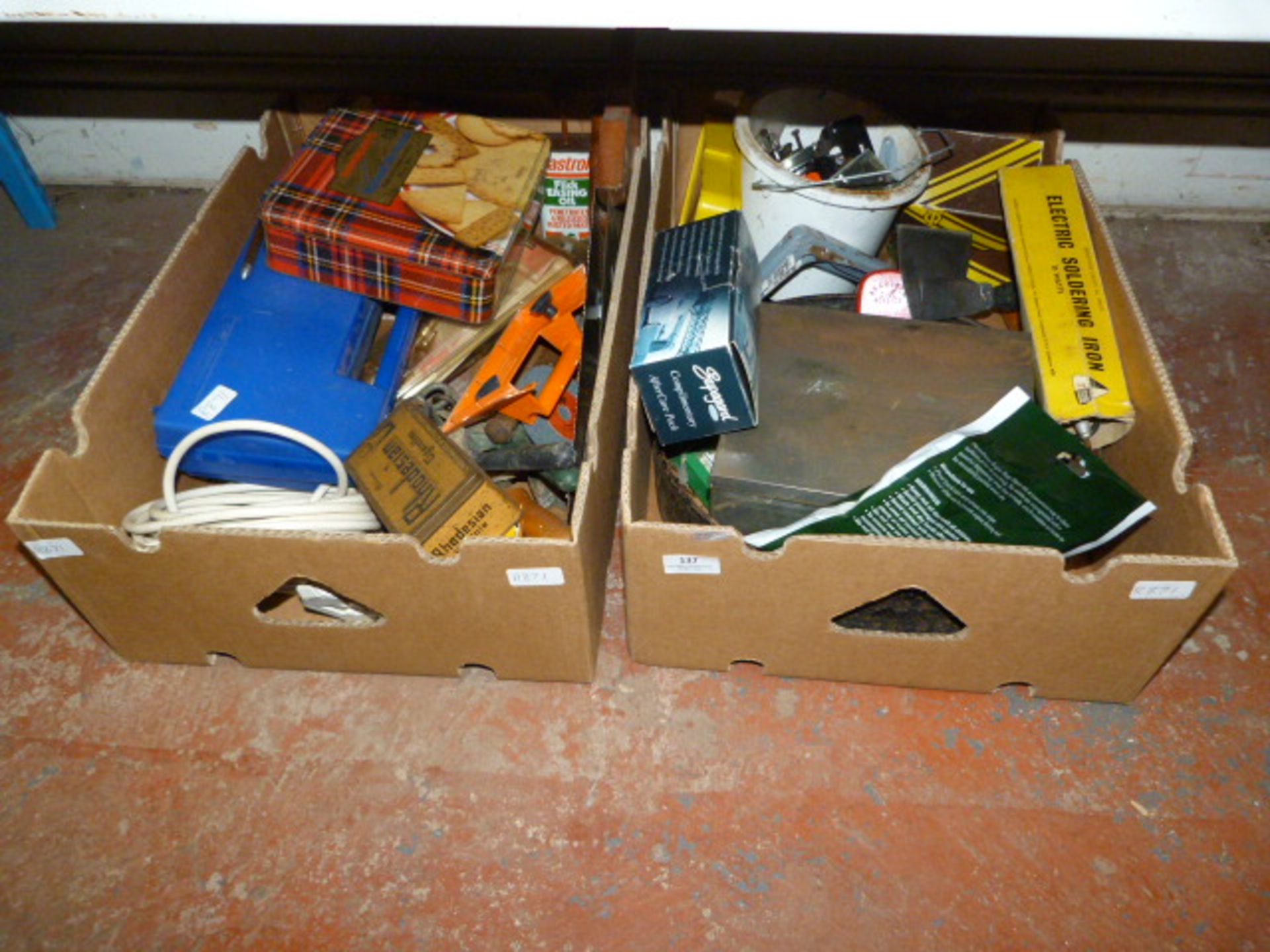 Two Boxes of Assorted Hand Tools, Soldering Irons, Riddles, etc.