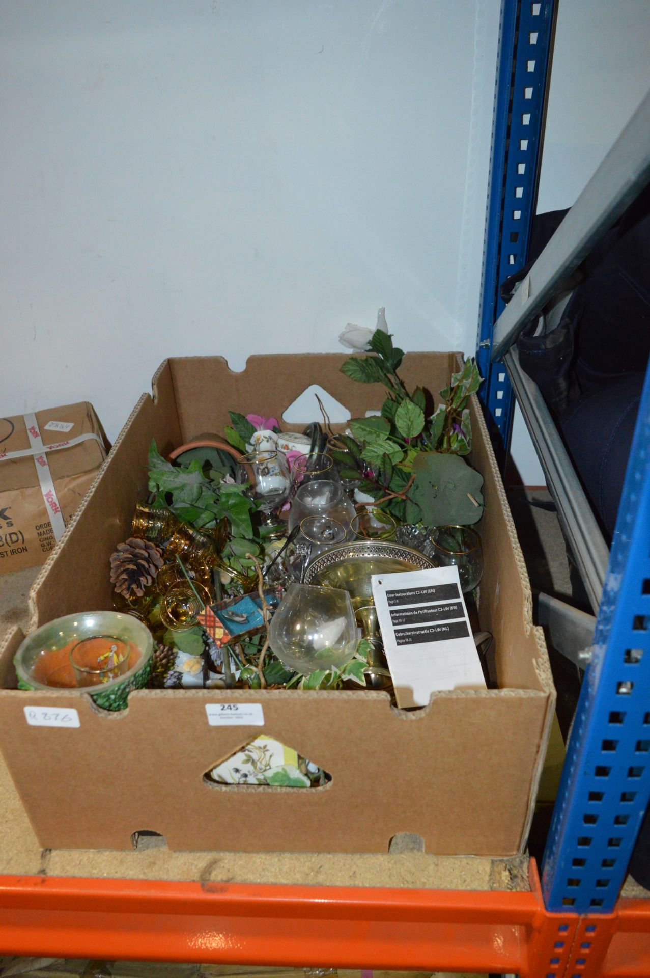 Box of Drinking Glassware, Artificial Flowers, Ornaments, etc.