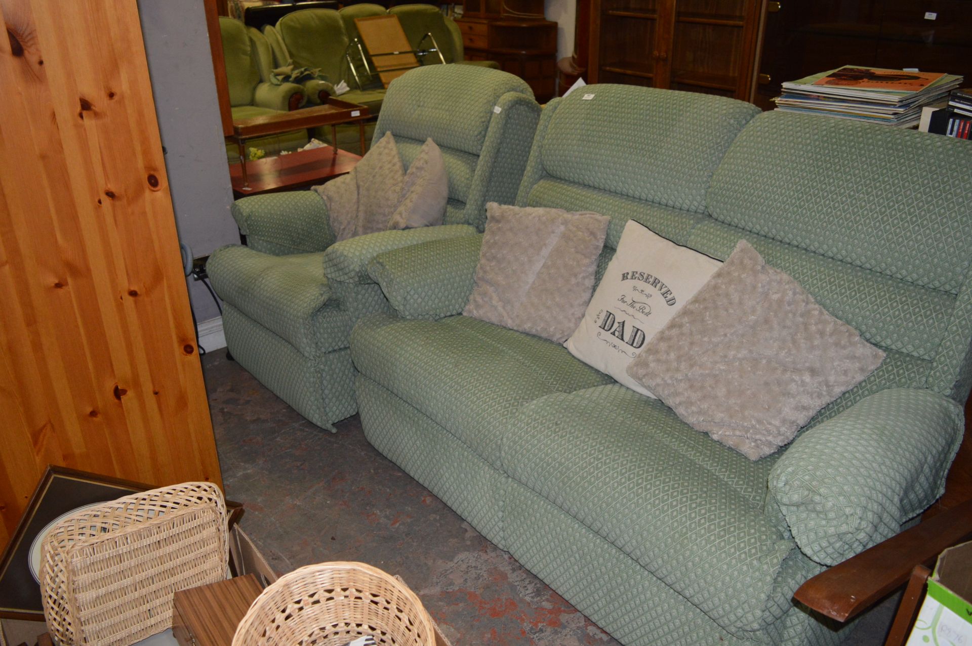 Green Diamond Pattern Upholstered Two Seat Sofa and Reclining Armchair