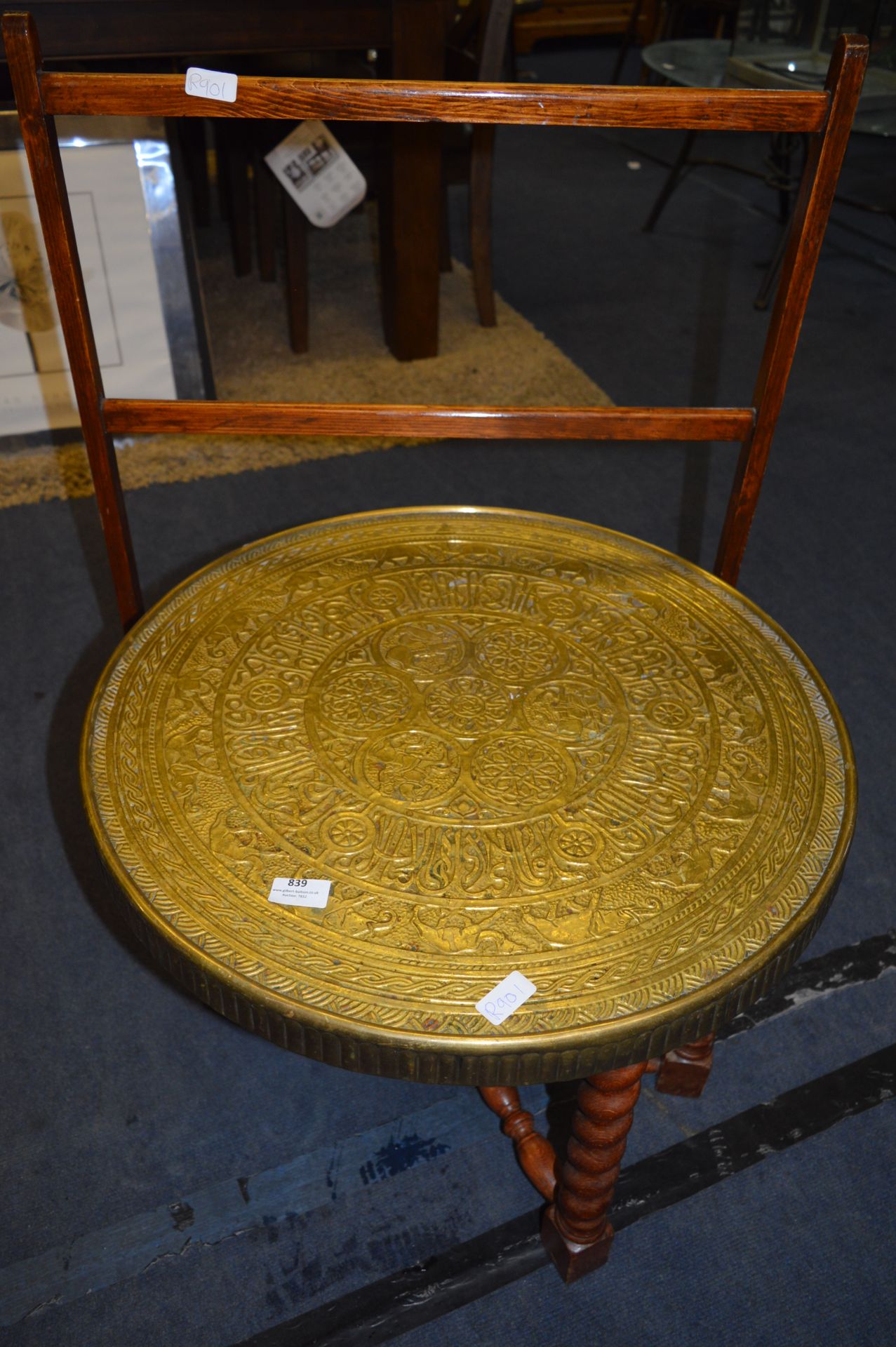 Circular Indian Brass Topped Folding Occasional Table and a Wooden Clothes Airer