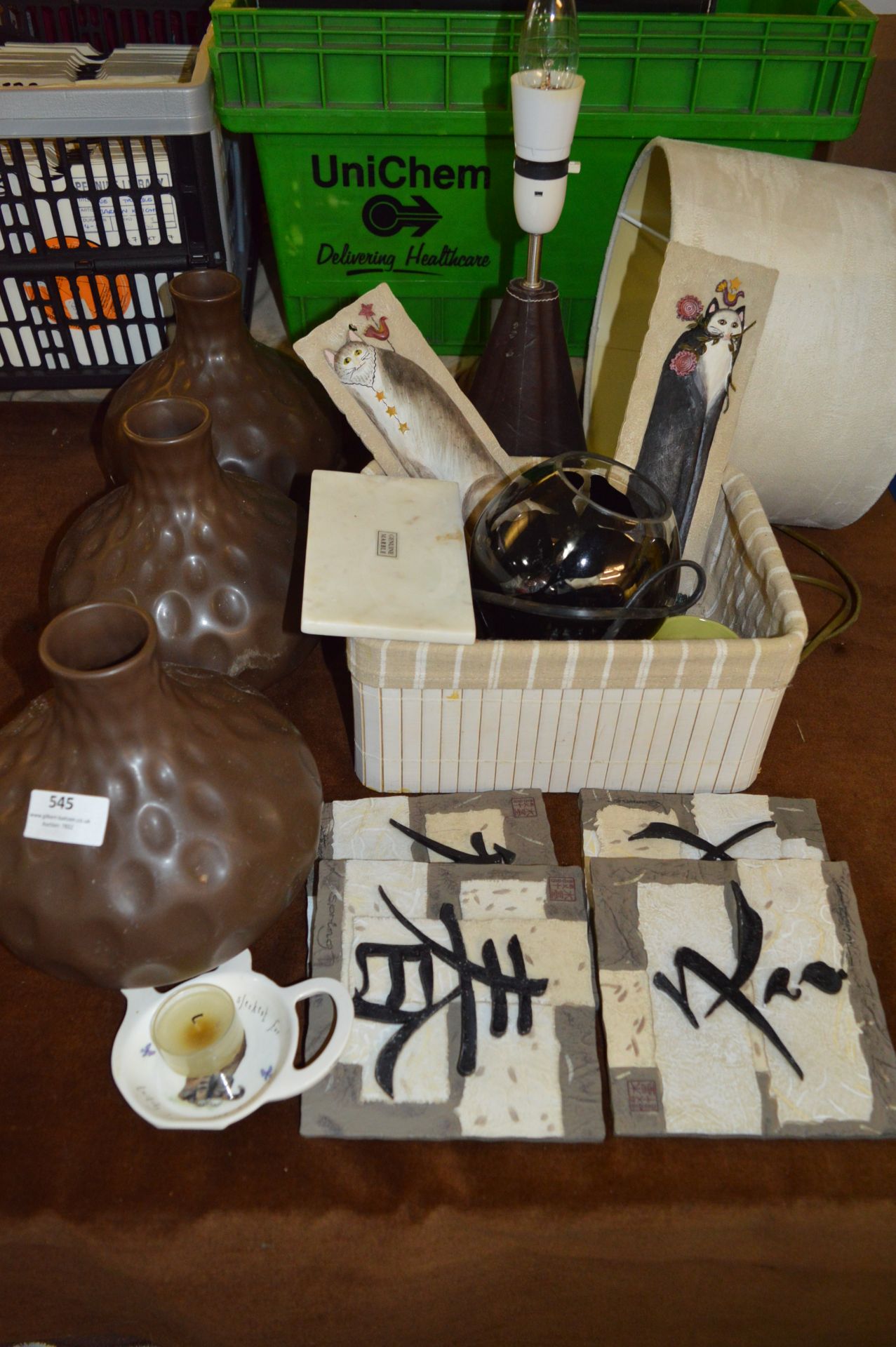 Table Lot; Japanese Wall Plaques, Three Vases, Table Lamp, etc.