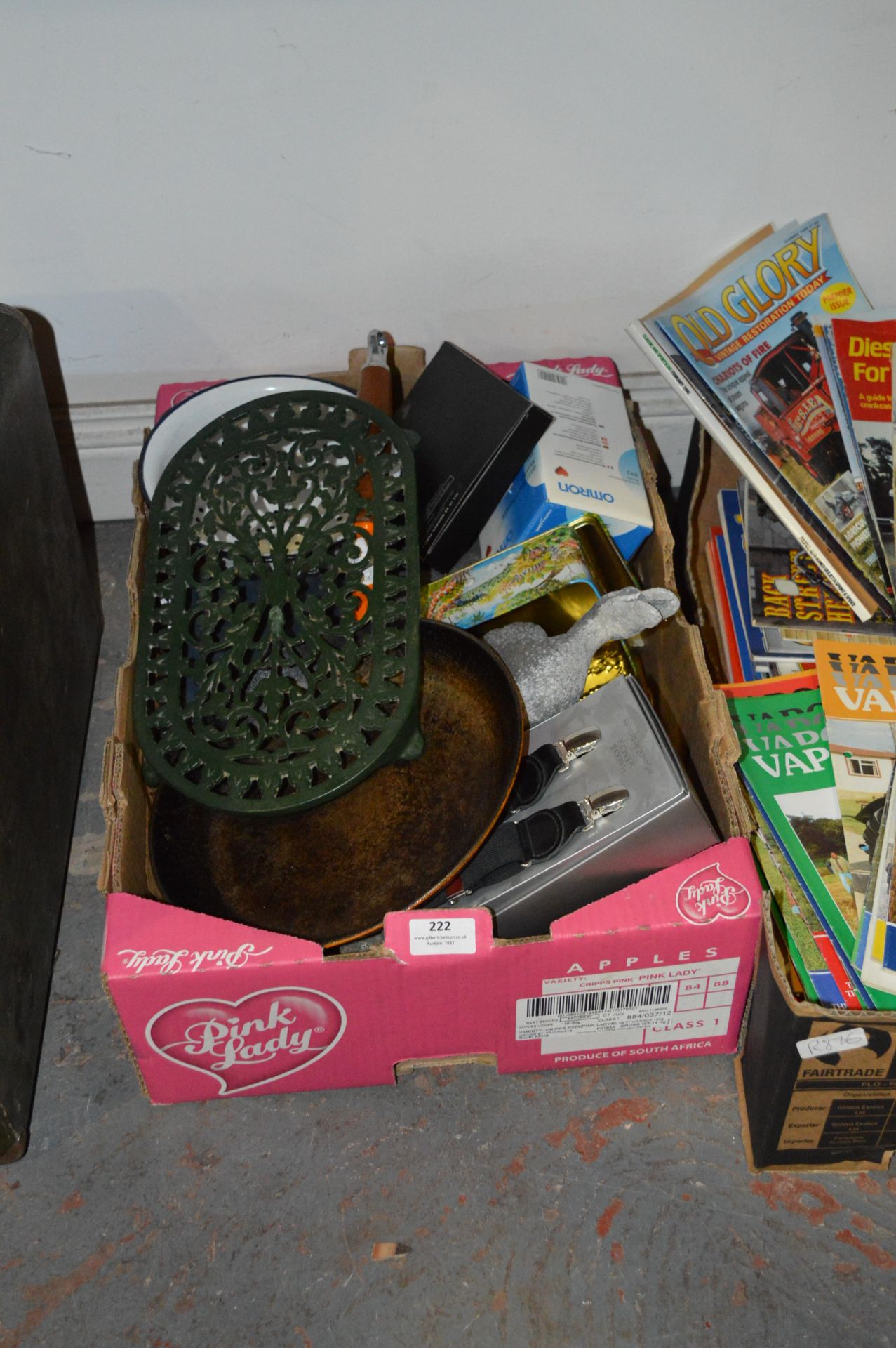 Box Containing Garden Ornaments, Cast Iron Pan, Trivet, etc.