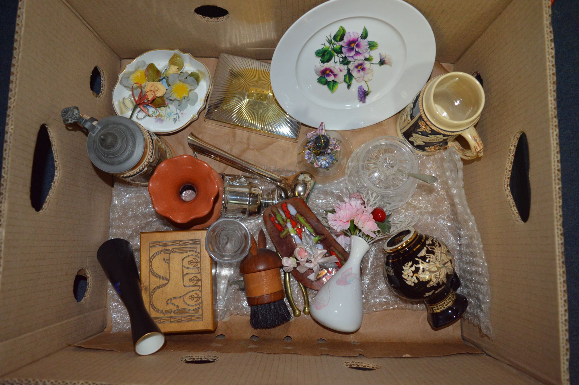 Box Containing Ornaments, Vases, Stein Mugs, Silver Plated Ware, etc.