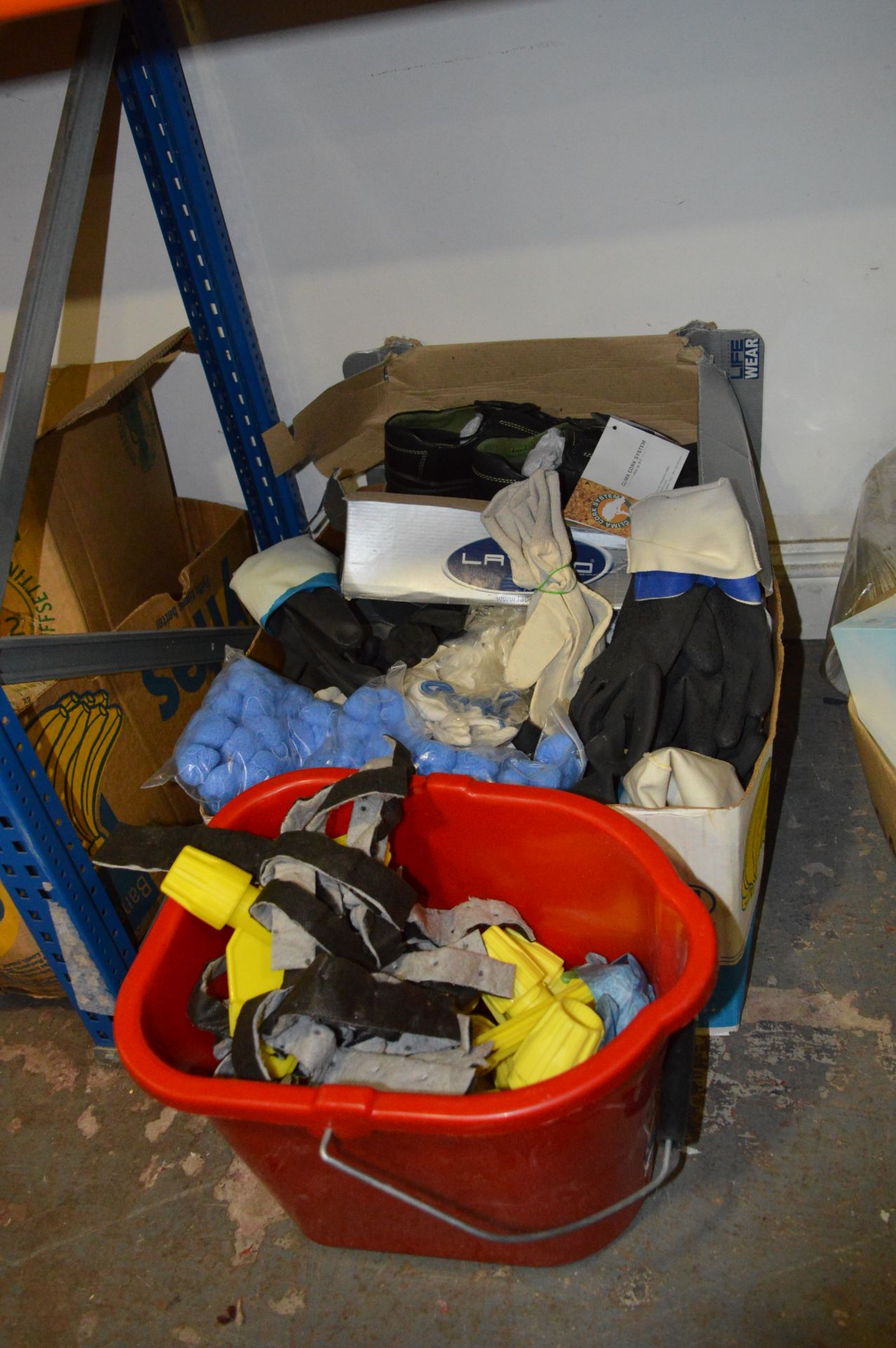 Box of Work Gloves, Work Shoes, Mop Bucket, etc.