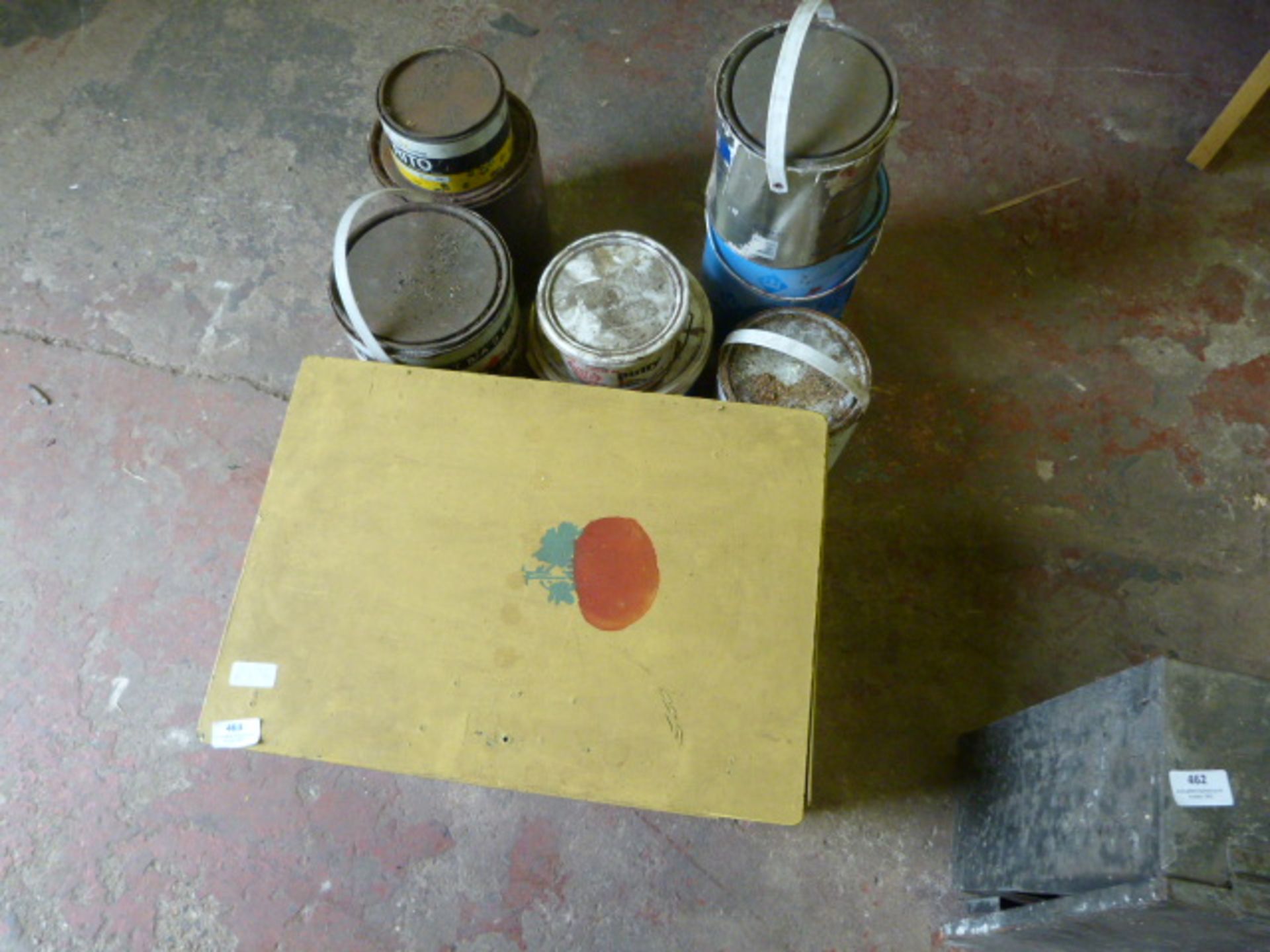 Assorted Cans of Paint and Vintage Box
