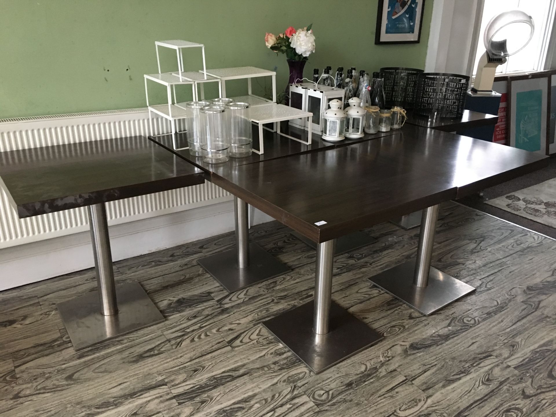 6 Tables with Dark Wood Finish tops and Stainless Steel Bases
