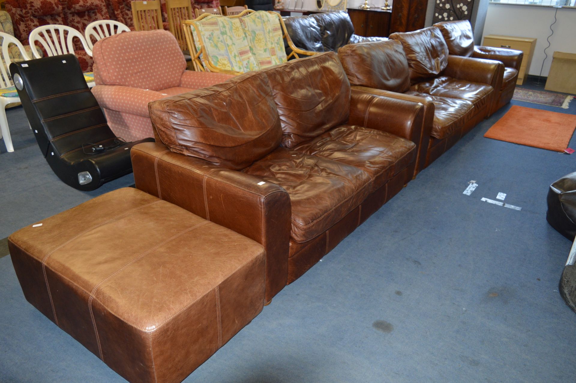 Two Brown Leather Two Seat Sofas, Matching Armchair and Pouffe