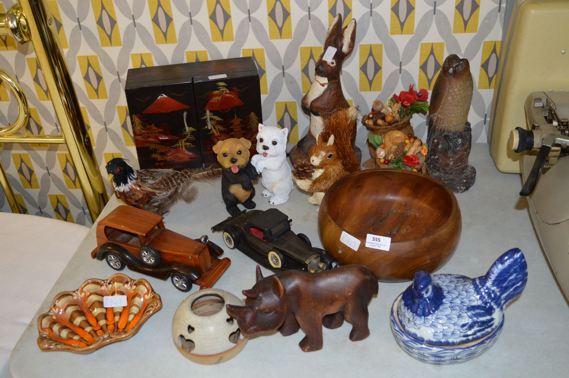 Table Lot; Ornaments, Wooden Fruit Bowl, Jewellery Box, etc.