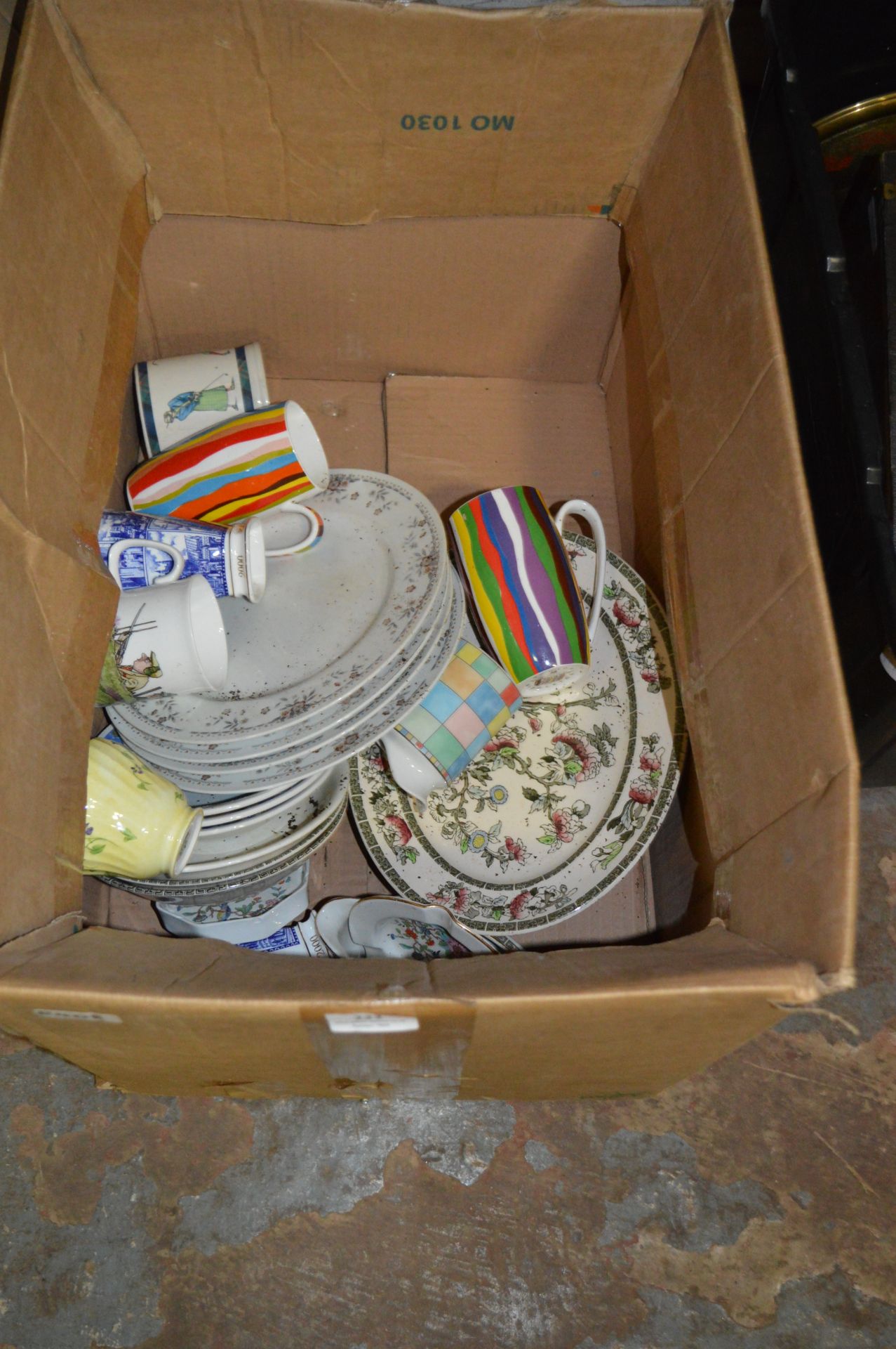 Box of Dinnerware, Mugs, Indian Tree Dinnerware, etc.