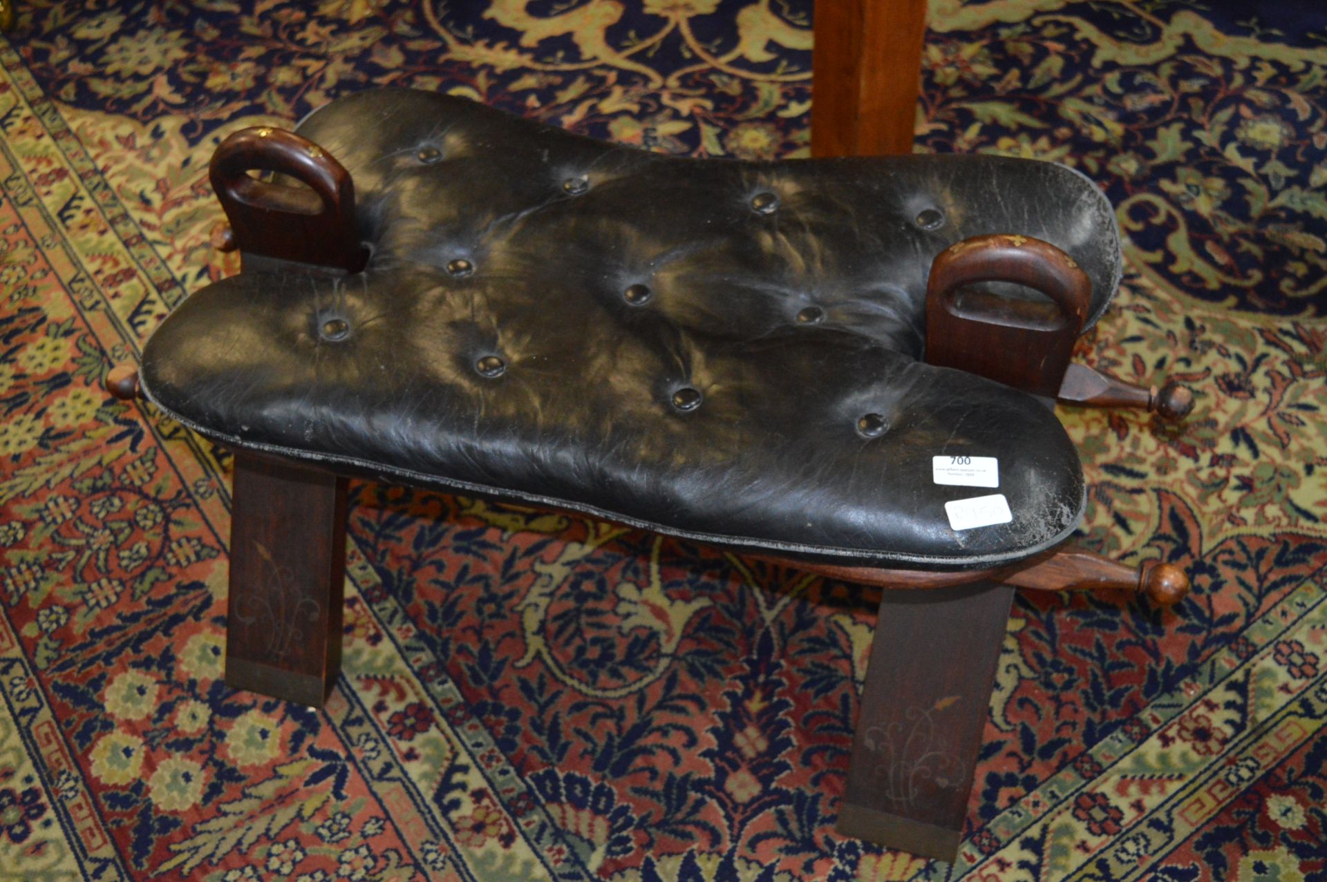 Rosewood Camel Stool with Brass Inlay and Leather Seat