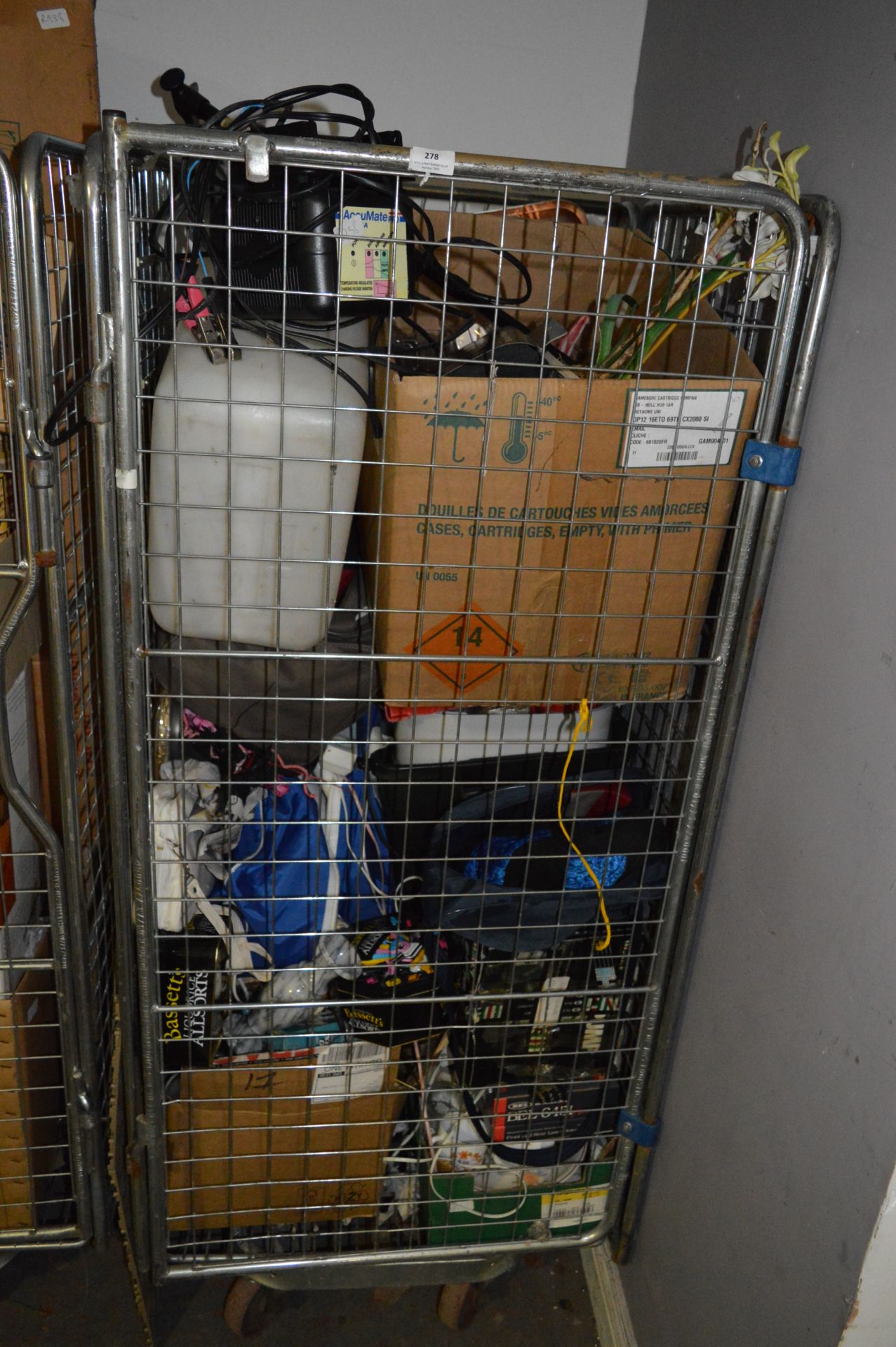 Cage Containing a Large Assortment of Boxes, Drinking Glassware, Ornaments, Travel Bags, Dinnerware,