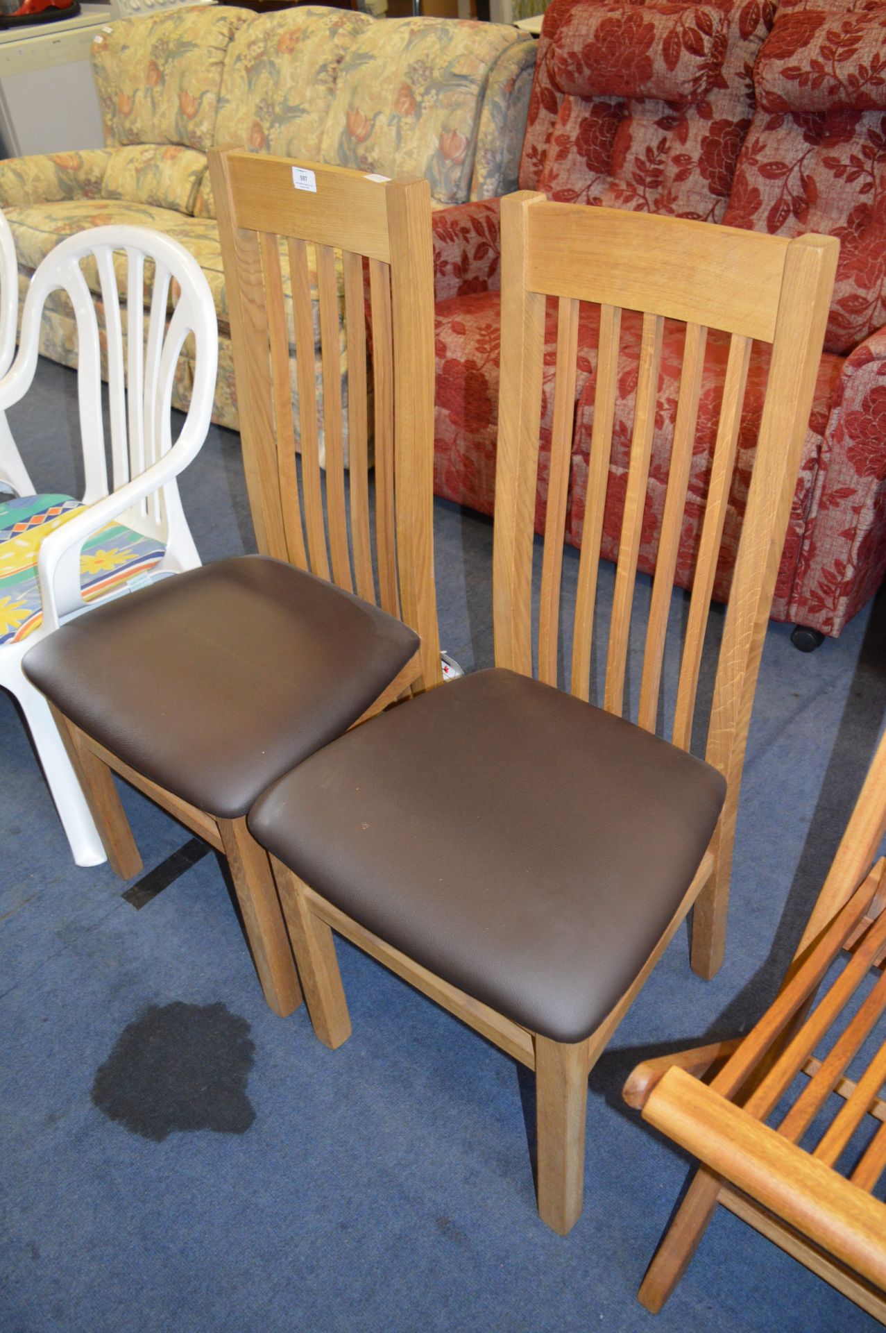 *Pair of Oak Stickback Dining Chairs with Brown Seats