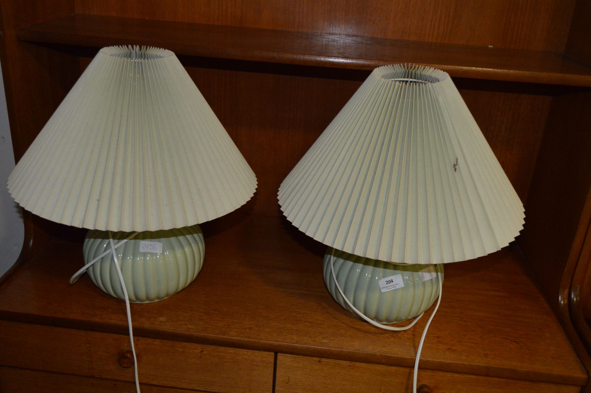 pair of Green Pottery Table Lamps with Shades