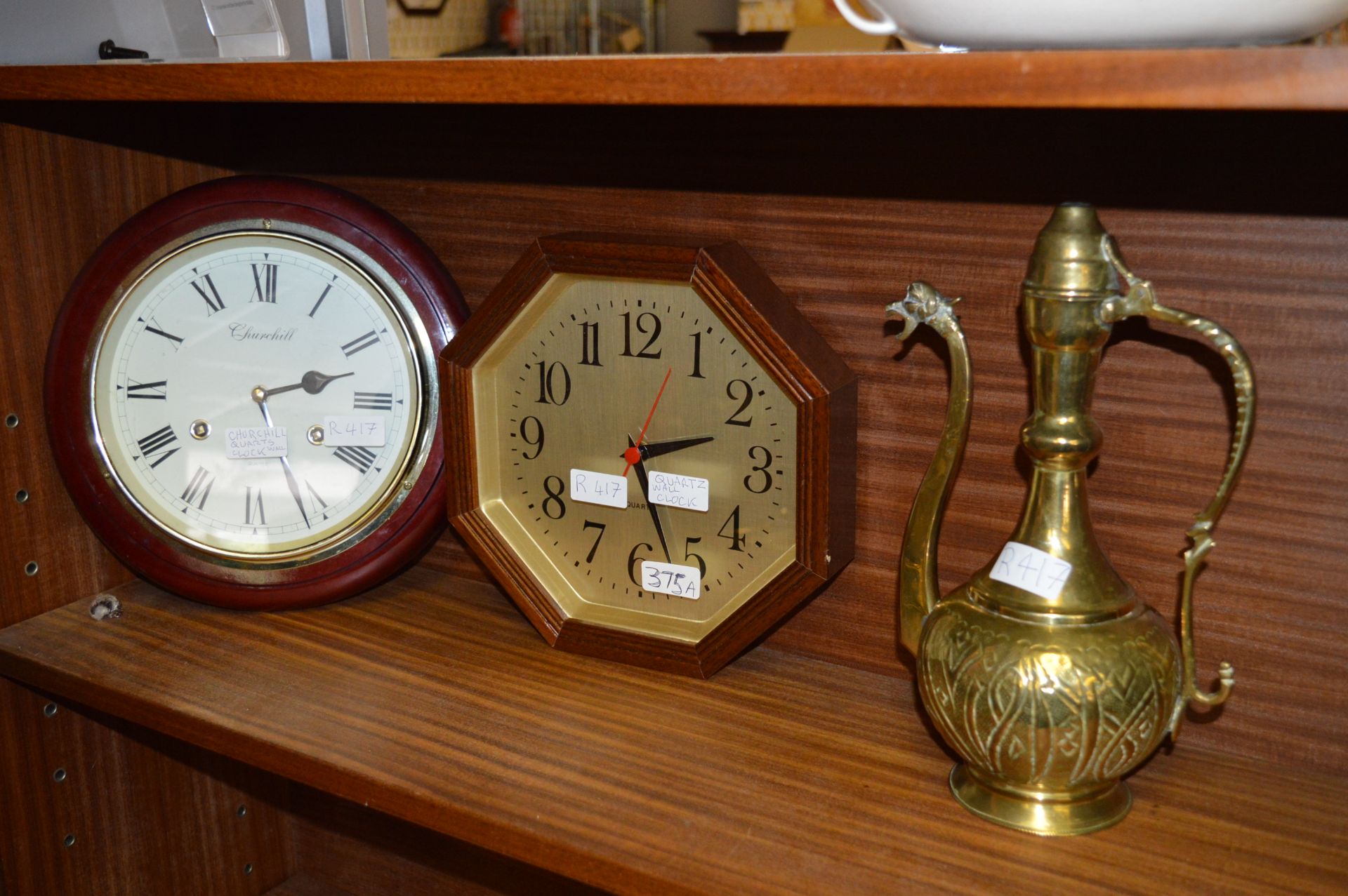 2 x Wall Clocks & 1 Brass Jug