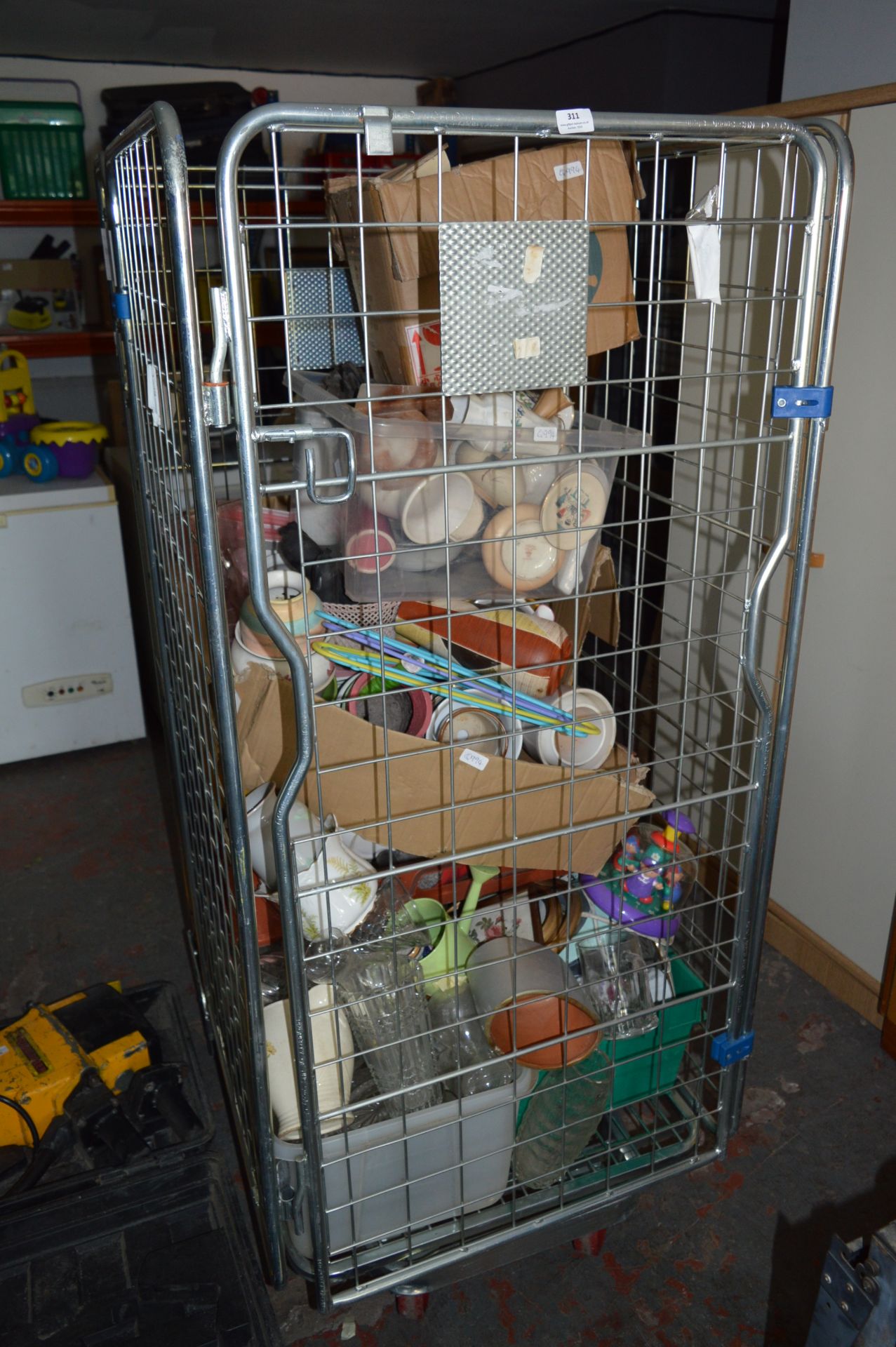 Cage Containing a Large Quantity of Pottery Vases, Dinnerware, Plant Pots, Picture Frames,