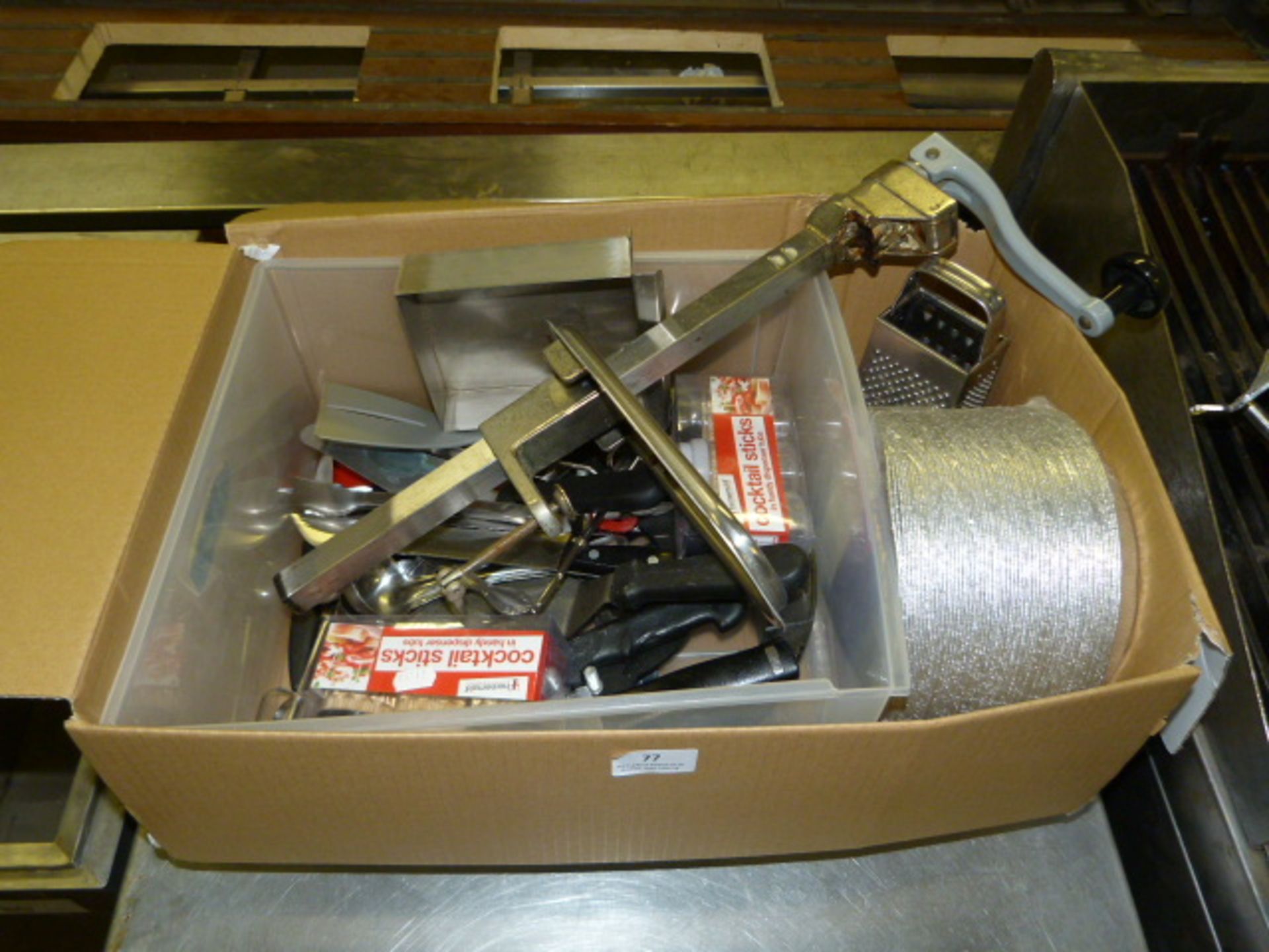 Box Containing Assorted Kitchen Tools, Commercial Can Opener, Chefs Knives, etc.