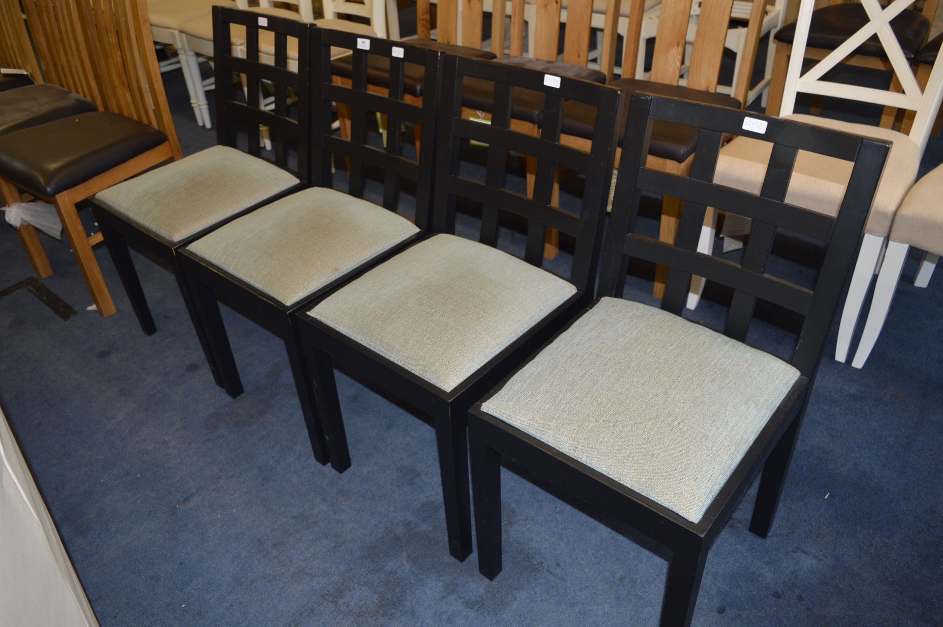 Set of Four Ebonised Square Backed Dining Chairs with Grey Dropping Seats