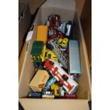 Box of Diecast Vehicles; Trucks, Fire Engines, Buses, etc.