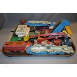 Tray Lot; Collection of Corgi Play Worn Diecast Vehicle Including Trucks, Fire Engine, etc.