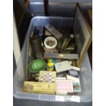 Box Containing an Assortment of Cutlery, Playing Cards, Goggles, Print, Coinage, Pewter Mug, etc.