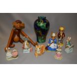 Royal Doulton Bunnykins Ornaments and Other Beatrix Potter Ornaments, Wooden Monkey and a Vase