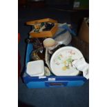 Box Containing Brass Jam Pan, Cribbage Board, Glass Vase, Diecast Vehicles, Bakelite Hair Dryer,