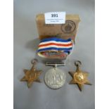 WWII Medals Group of Three; Campaign, 3945 Star and Africa Star Plus a Box of Ribbons