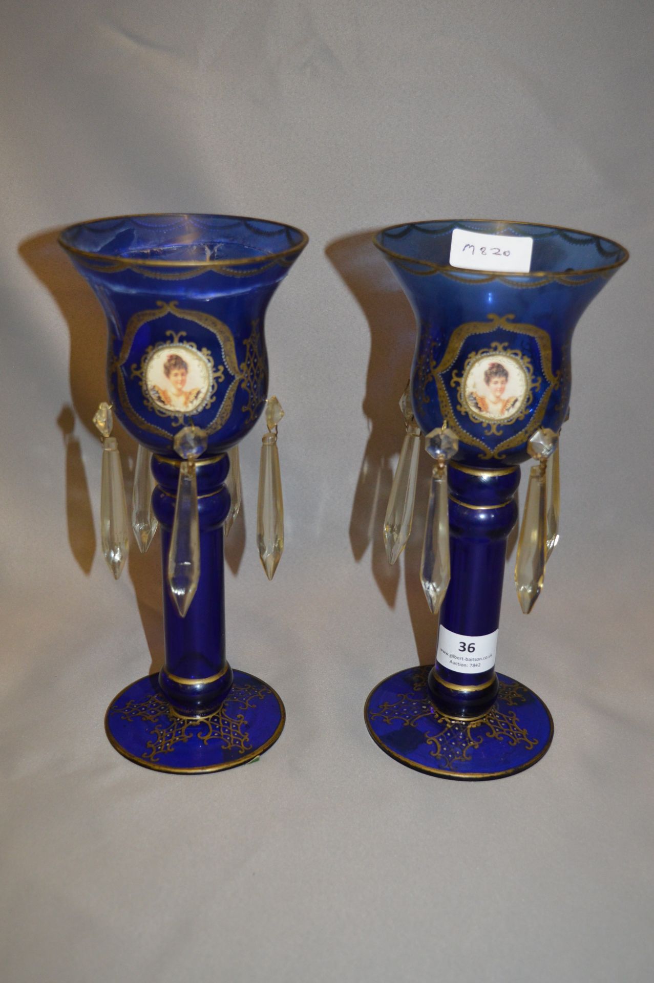 Pair of Blue Glass Gilt Decorated Lustres