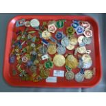 Tray containing a Large Collection of Eastern European Pin Badges, Athletics, etc.