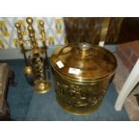 Brass Embossed Coal Bucket and Fireside Companion Set