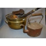 Large Brass Jardiniere, Copper Kettle, Bed Warmer, Rattle and a Trap