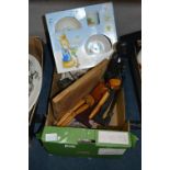 Box Containing African Carved Wood Figures, Cheese Dish, Bike Lamp and Wedgwood Peter Rabbit