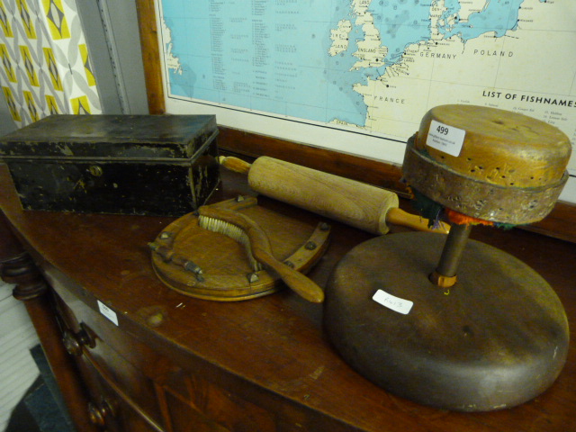 Hat Block, Crumb Tray, Rolling Pin and Tin Box