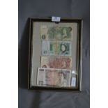 Framed British Notes £1 Joe Page, 10 Shillings and a £10 G.M. Gill