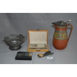 Winkle Picking Set; Manchester Liners Mirror, Pewter Dish, Wristwatch and a Jug