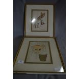 Two Framed Ink and Watercolours "Camel" and "Hyena"