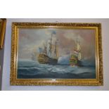 Large Gilt Framed Oil on Board "Battle of Trafalgar"