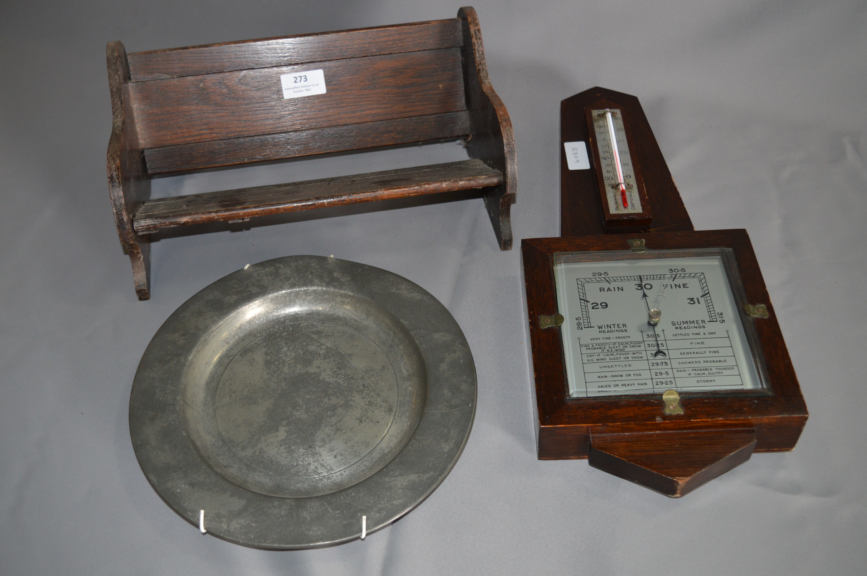 Oak Bookshelf, Barometer and Pewter Plate