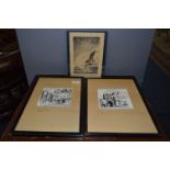 Two Framed Ink Drawings and a Watercolour "Norman Archway", "Christmas Steps Bristol" and a