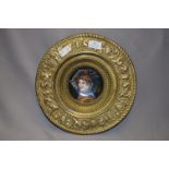 Circular Brass Wall Plaque with Painted Porcelain Center